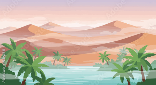 Expansive desert oasis vector art depicting flourishing palm groves encircling a serene azure pool. Gentle sloping sand dunes gracefully recede