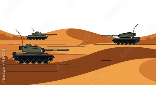 Military tanks in desert terrain formation.