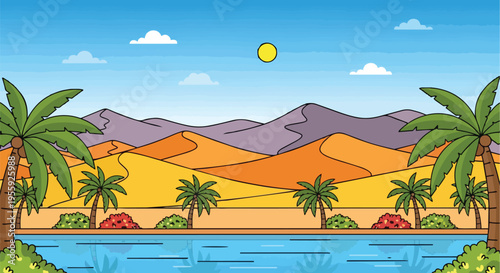 Lush desert oasis illustration featuring vibrant palm trees, calm blue water, and sunlit sand dunes under a clear sky