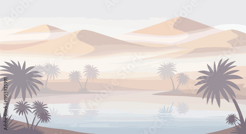 A tranquil desert oasis scene unfolds with graceful sand dunes receding into a hazy horizon and calm waters reflecting silhouetted palm trees an