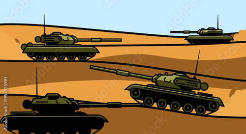 Military Tanks in Desert Formation.