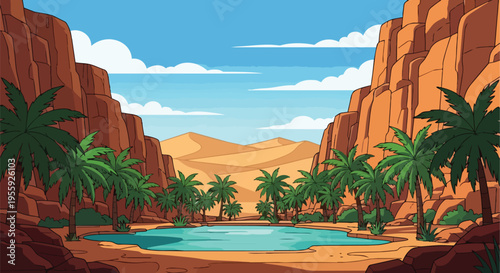Vibrant animated desert oasis nestled amidst towering canyons and lush palm groves under a clear sky