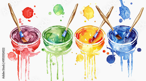 Watercolor illustration of bowls filled with colorful paint, each with a brush