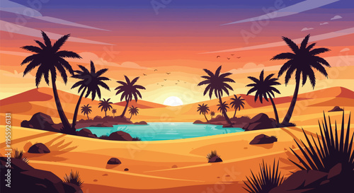 A captivating desert oasis basks in the vibrant glow of a setting sun a serene landscape with silhouetted palm trees encircling tranquil azure