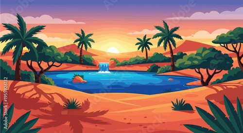 Sunset desert oasis painting featuring lush palm trees, a flowing waterfall into a calm lake, and warm sandy landscape under a colorful sky,