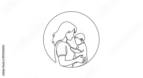 Minimalist Continuous Line Art Illustration of Mother Holding Her Baby in Circle - Maternal Love and Bonding Concept