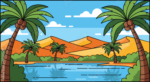 Vibrant cartoon desert oasis illustration featuring lush green palm trees, golden sand dunes, and a tranquil blue lake reflecting the serene sky above