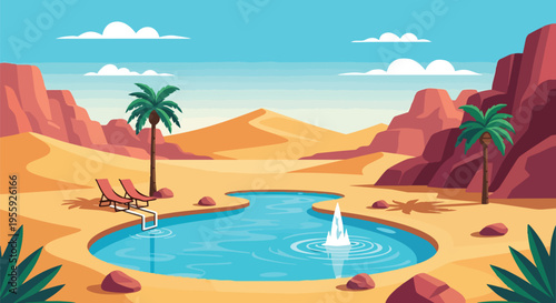 Serene desert oasis retreat with refreshing waters and loungers beneath a clear sky