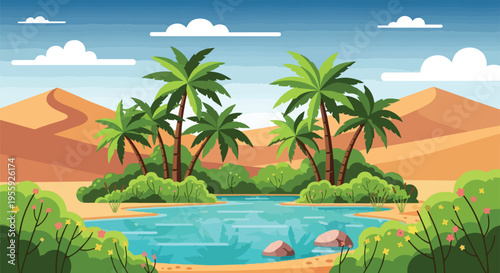 Vibrant desert oasis scene with lush palm trees beside a calm water pond surrounded by arid sand dunes