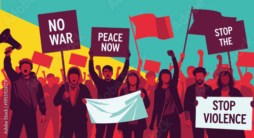 People protesting with signs and banners.