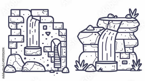 Line art of two stylized waterfalls, one amidst ruins, the other a natural cascade