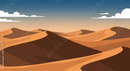 A stylized illustration of a serene desert landscape, featuring gently undulating sand dunes under a vast, warm, gradient sky with soft clouds.