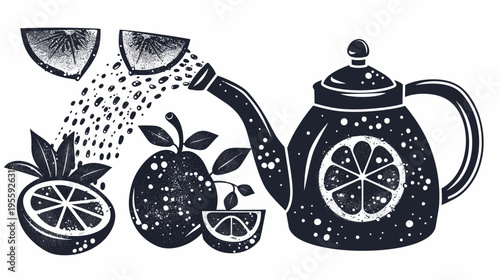 Whimsical illustration of oranges, orange slices, and a teapot, textured in black and white