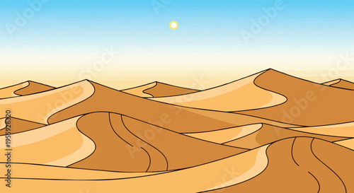 Stylized desert landscape with golden sand dunes under a clear blue sky and radiant sun