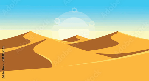 Minimalist desert illustration featuring golden sand dunes under a gradient sky. A serene digital artwork capturing the quiet grandeur of an arid