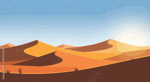 Vibrant desert panorama at golden hour with endless sand dunes under a clear blue sky and rising sun