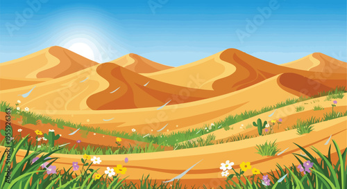Vibrant desert landscape with blooming wildflowers and majestic sand dunes under a clear blue sky