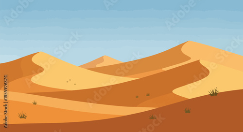 Panoramic desert landscape illustration with undulating sand dunes under a clear, blue sky.