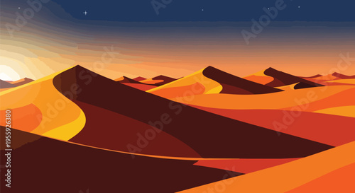 Vibrant desert dunes bathed in the twilight glow, showcasing a mesmerizing arid landscape with a minimalist design under a starry sky a serene and