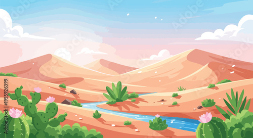 Vibrant desert panorama featuring softly lit sand dunes, a winding blue river, and blooming green cacti under a serene, colorful sky, portraying a