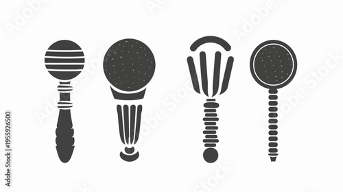 Four stylized hand mirror shapes, gray silhouettes, various handle designs, white background