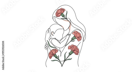 Minimalist continuous line drawing of a mother hugging her baby with pink carnation flowers. Elegant motherhood and maternity illustration for Mother's Day and nursery decor.