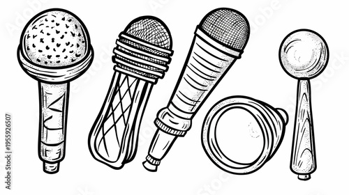 Black and white illustration of stylized microphones and a magnifying glass