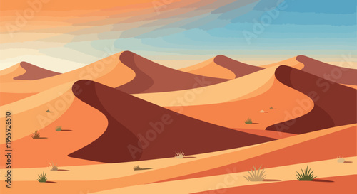 A striking flat-style desert panorama showcases undulating sand dunes under a beautiful gradient sky. Sparse, hardy flora punctuates the warm, arid