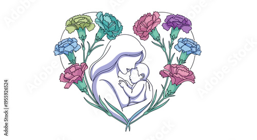 Mother Holding Baby Illustration in Heart Frame with Colorful Carnations for Mother's Day