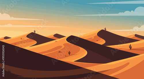 A tranquil and expansive desert vista showcasing numerous undulating sand dunes under a serene sky, dotted with resilient cacti, evoking a sense of