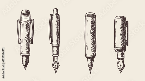 A sketch of four writing pens, each with a distinct design, on a light background