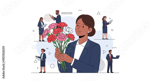 Businesswoman Holding a Bouquet of Flowers for Employee Appreciation and Corporate Celebration