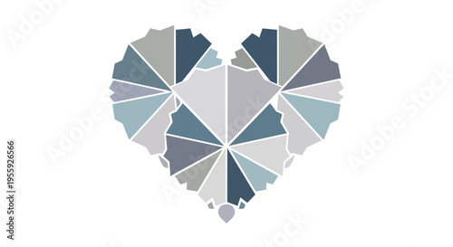 Abstract Geometric Heart Shape with Symmetrical Polygonal Mosaics in Blue and Grey Shades Isolated on White Background