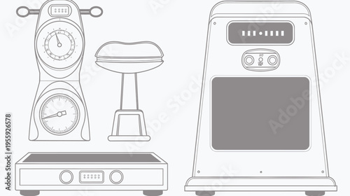 Drawing of four pieces of medical equipment, with gray shading and outlined in gray.