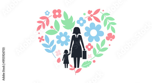 Working Mother Holding Daughter's Hand with Floral Heart Background - Work Life Balance Concept Illustration for Professional Parenting and Career Woman