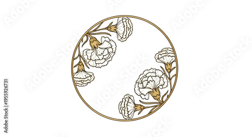 Elegant Floral Circle Frame with Hand-Drawn Carnations in Gold Line Art Style Isolated on White Background