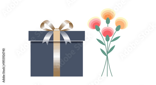 Elegant Dark Blue Gift Box with Metallic Ribbon and Stylized Flower Bouquet Vector Illustration Isolated on White Background