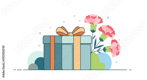 Gift Box with Pink Carnations Illustration - Perfect for Mother's Day, Birthdays, and Special Celebrations