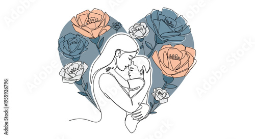 Mother and Child Embracing in Continuous Line Art with Floral Heart Background - Minimalist Mother's Day Concept Illustration