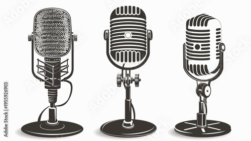 Three vintage microphones in a row, presented in a grayscale vector illustration