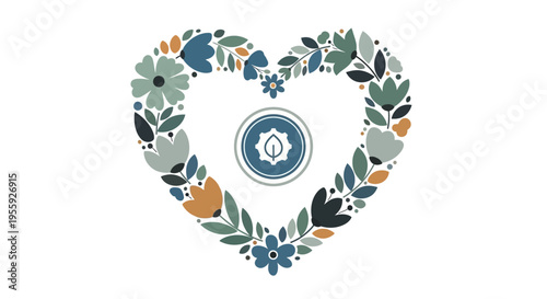 Sustainable Industry Heart Concept: Floral Wreath with Leaf and Gear Icon Representing Green Technology, Corporate Social Responsibility, and Eco-Friendly Innovation