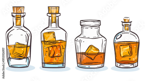 Four cartoon-style bottles filled with amber liquor and ice, lined up on a white background