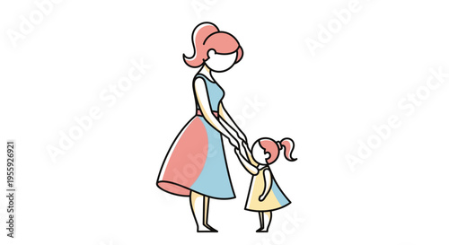 Minimalist Flat Illustration of Mother and Daughter Holding Hands, Concept of Family Connection and Motherhood Love