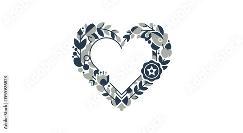 Modern Stylized Heart Wreath with Floral and Geometric Elements in Muted Tones - Vector Illustration