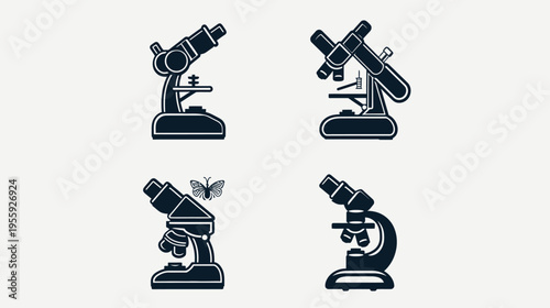 Four microscope silhouettes on a light background, one has a butterfly beside it