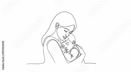 One line art of mother embracing her sleeping child, minimalist motherhood illustration, maternal love and parenting concept, vector design for wall art