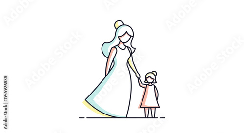 Minimalist Line Art Illustration of Mother Holding Daughter's Hand - Concept of Motherhood, Family Bond, and Care