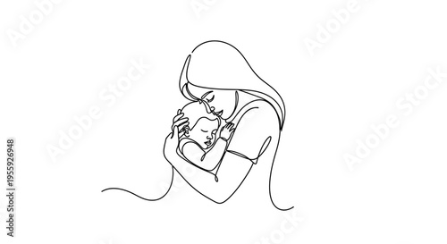 Minimalist continuous line drawing of a mother hugging her sleeping baby, symbolizing love, care, and motherhood connection on a white background.