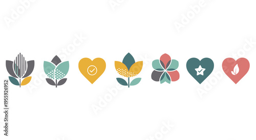 Minimalist Eco-Friendly Icon Set with Floral and Heart Symbols for Sustainable Branding and Wellness