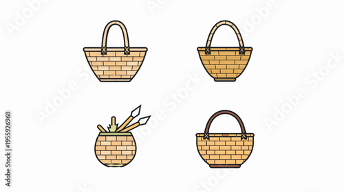 Four stylized woven baskets, one with paintbrushes, rendered in cartoonish style